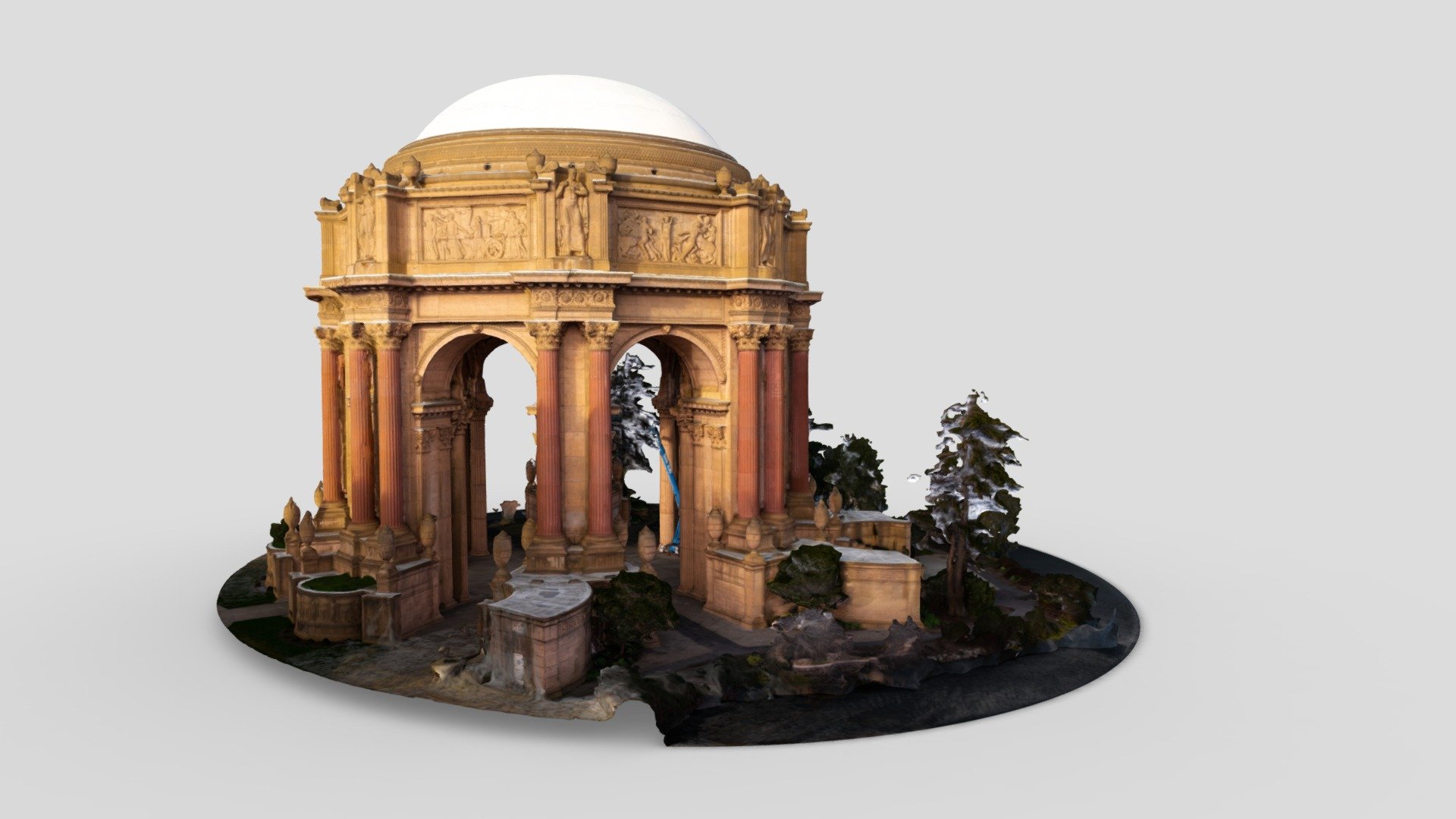 Azad Balabanian’s Palace of Fine Arts scan, including the surrounding trees and ground. Marker 1 identifies the surrounding scenery to separate from the building.
